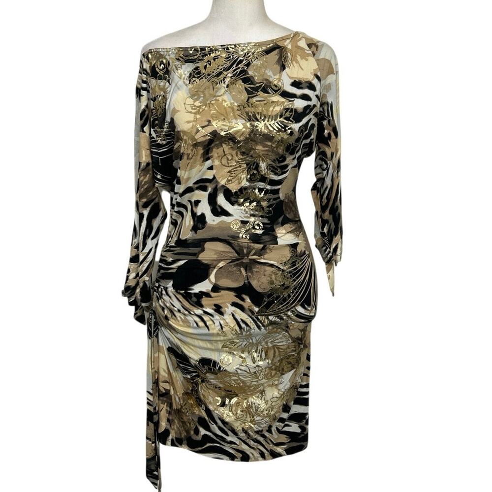 Cache Y2K Animal Print Ruched Bodycon Dress Gold Metallic XS Glam Mob Wife